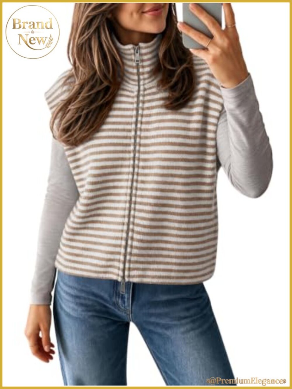 Womens Striped Zip Up Knit Sweater Vest Lightweight Cardigan Two-Way Zipper